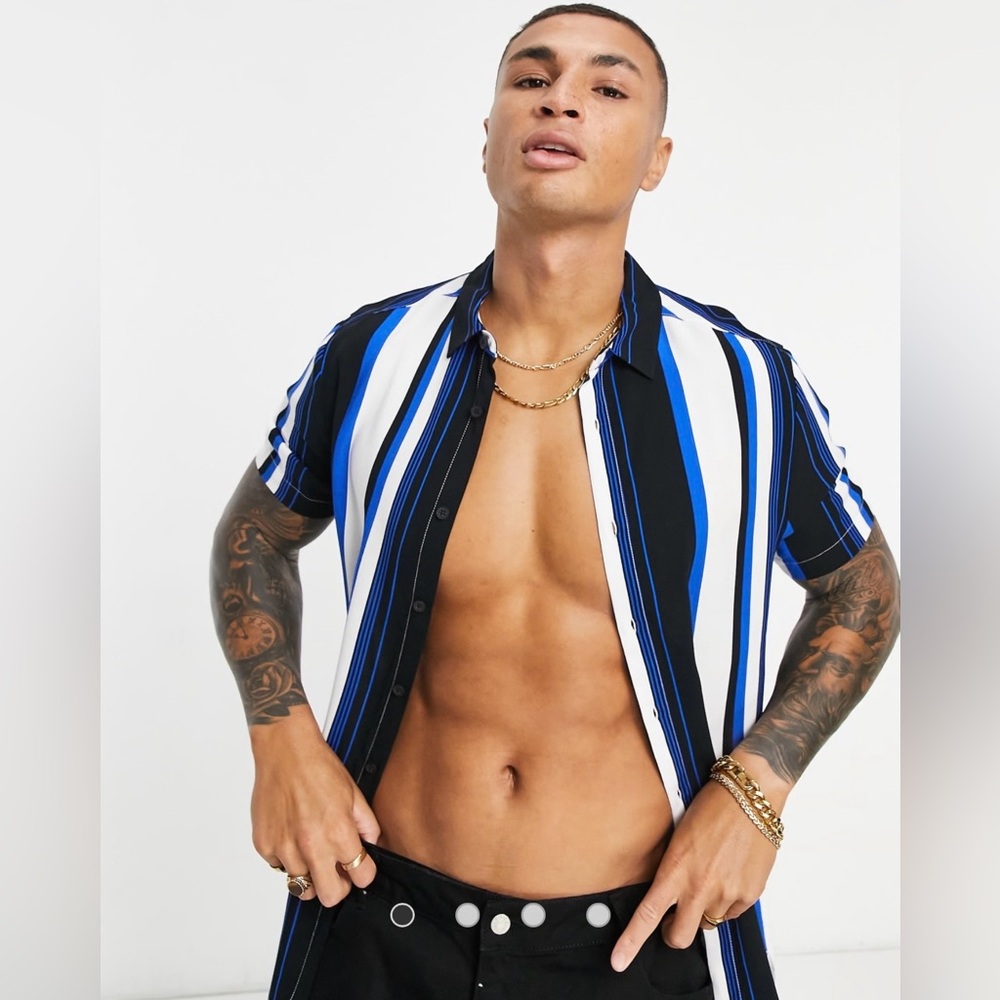 ASOS Men's Striped Blue and White Shirt XL